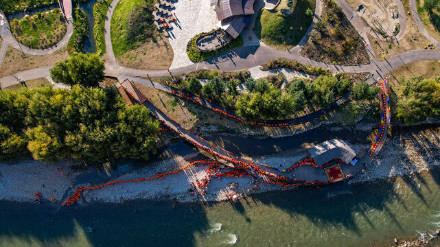 Aerial view of Global Peace Prayer Festival where monks from all over the world came to pray for peace, Thimphu, Thimphu, Bhutan.