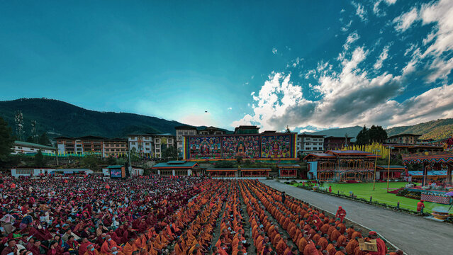 Aerial view of Global Peace Prayer Festival where monks from all over the world came to pray for peace, Thimphu, Thimphu, Bhutan.