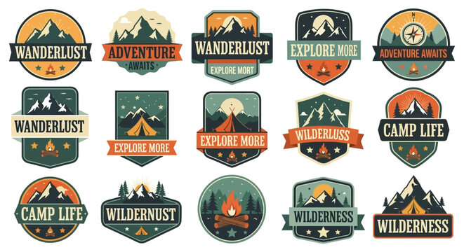 Set of vintage outdoor adventure badges depicting majestic mountain wilderness, serene camp life, and nature exploration themes