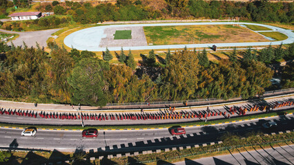 Aerial view of Global Peace Prayer Festival where monks from all over the world came to pray for peace, Thimphu, Thimphu, Bhutan.