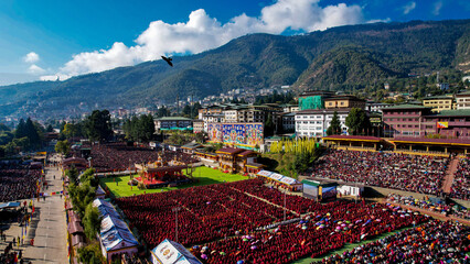 Aerial view of Global Peace Prayer Festival where monks from all over the world came to pray for peace, Thimphu, Thimphu, Bhutan.