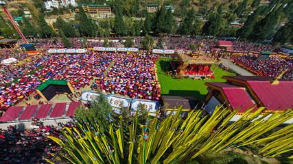 Aerial view of Global Peace Prayer Festival where monks from all over the world came to pray for peace, Thimphu, Thimphu, Bhutan.