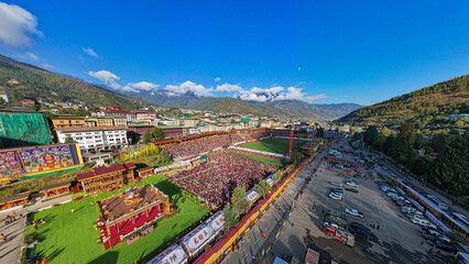 Aerial view of Global Peace Prayer Festival where monks from all over the world came to pray for peace, Thimphu, Thimphu, Bhutan.