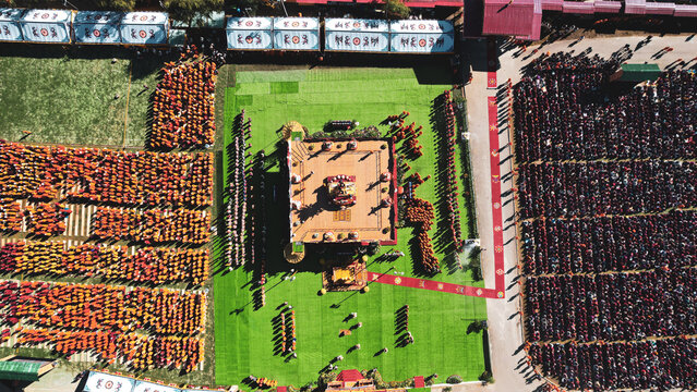Aerial view of Global Peace Prayer Festival where monks from all over the world came to pray for peace, Thimphu, Thimphu, Bhutan.