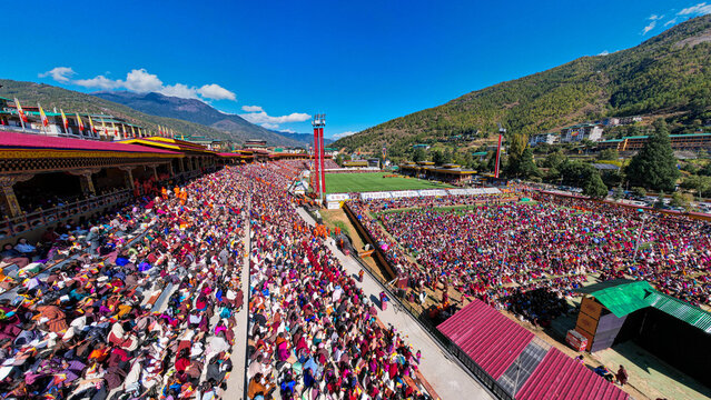 Aerial view of Global Peace Prayer Festival where monks from all over the world came to pray for peace, Thimphu, Thimphu, Bhutan.