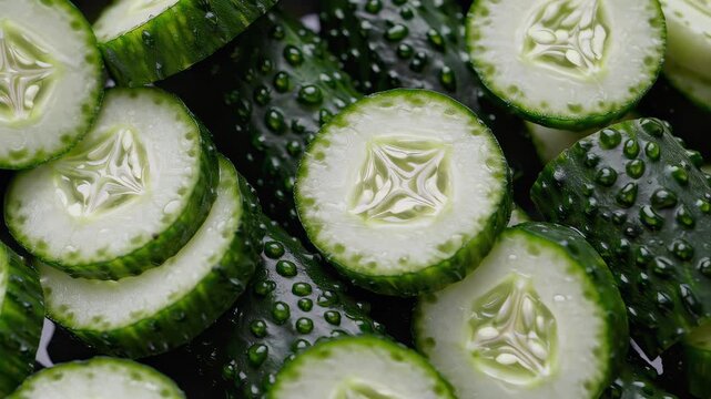 This video features freshly sliced cucumbers, showcasing their crisp texture and refreshing appearance. Learn about the health benefits of cucumbers and creative ways to incorporate them into your mea