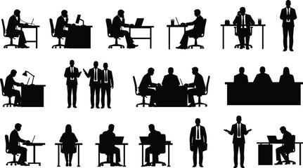 Business office worker silhouette collection, professionals at desks using computers, meeting teamwork scenes, corporate vector illustration set for design