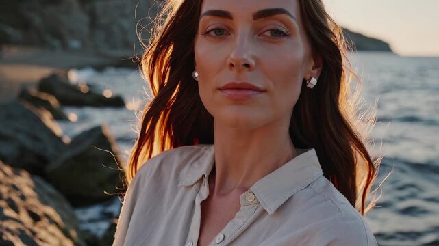 Woman poses by rocky seaside. Portrait of model with calm beauty and steady gaze. Ocean and rock form rugged backdrop. Soft breeze lifts hair around face. Serene expression conveys quiet confidence.
