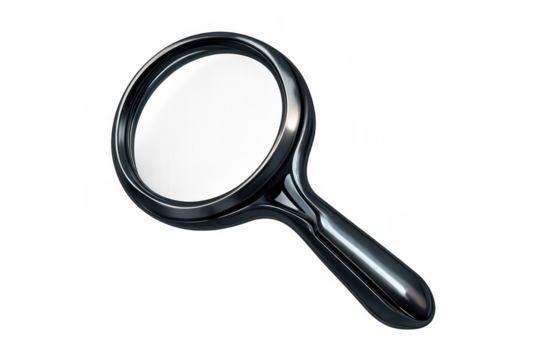 Magnifying glass exploring, searching, and discovering information, research, and details with a transparent background