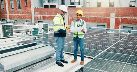 Solar panels, team or engineer on rooftop with blueprint, construction or maintenance planning. Collaboration, photovoltaic grid or people check for electricity production, clean energy or renovation
