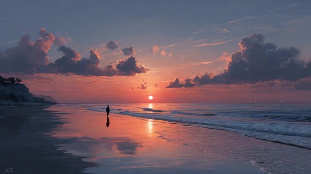 Serene beach sunset with solitary figure walking along wet sand reflecting vibrant sky and gentle