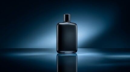 a matte black bottle on a reflective glass surface