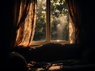 Moody interior scene featuring a rainy window with soft light, vintage patterned curtains, and a cozy sofa, creating a nostalgic and calming atmosphere