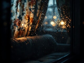 Moody interior scene featuring a rainy window with soft light, vintage patterned curtains, and a cozy sofa, creating a nostalgic and calming atmosphere