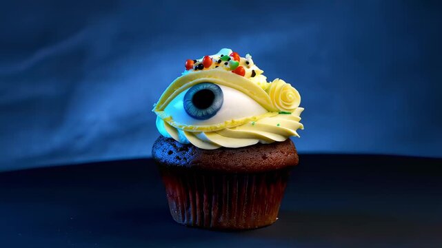 This creative video features a unique cupcake design resembling an eye, complete with colorful frosting and decorative toppings. Its whimsical appearance makes it perfect for Halloween or themed parti