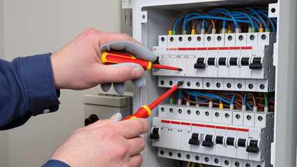 technician repairing electric fuse box 
