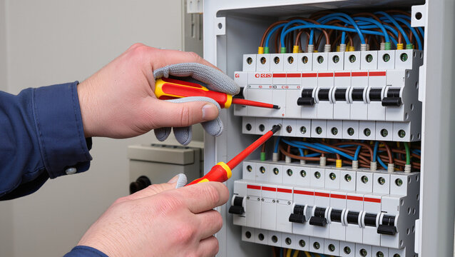 technician repairing electric fuse box 
