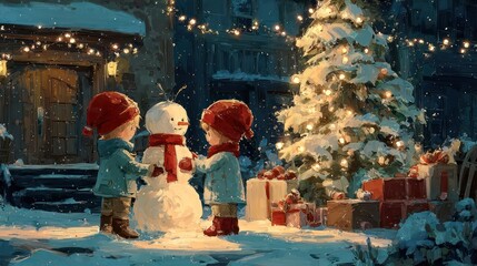 Charming christmas eve scene with children building a snowman by a decorated tree and presents