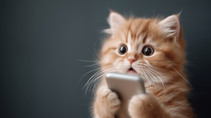 Ginger kitten holding a smartphone with a shocked expression, representing cute pet entertainment and mobile technology themes. The image focuses on humor, reaction content and digital communication