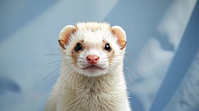 A cute ferret looking directly at the camera with bright eyes and soft fur against a gentle blue setting creating an adorable warm pet portrait scene
