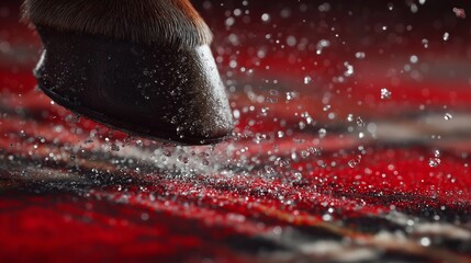 A macro view of a horse hoof striking a red textured surface with dynamic water particles captures motion and power for commercial sport and equestrian themes. The shot highlights strength, impact