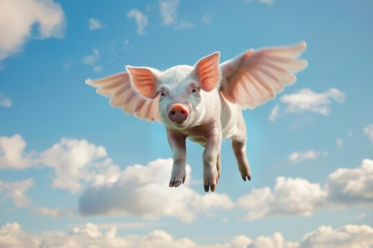 Pig with wings is flying in a blue sky with some clouds, depicting the idiom when pigs fly