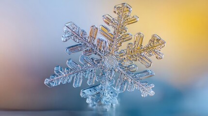 Intricate hexagonal ice crystal snowflake macro photography with soft gradient background of blue and yellow
