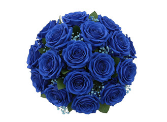 A Round Bouquet of Vibrant Blue Roses Adorned with Tiny White Flowers and Dew Drops on a Transparent Background