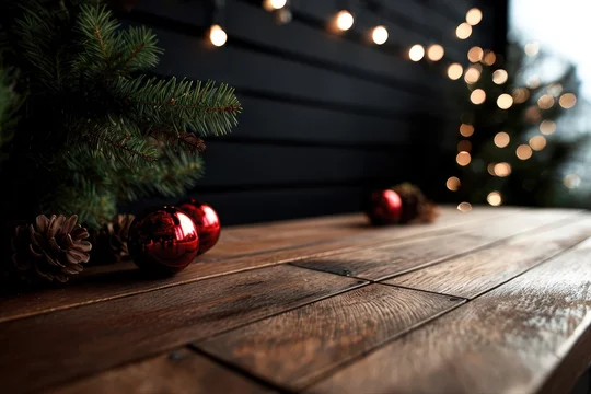 Christmas Tree Branch with Red Baubles over Wooden Table