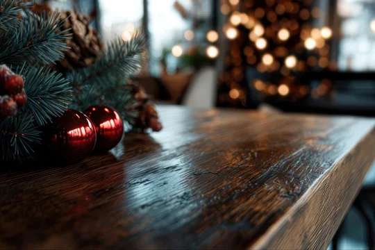 Cozy Christmas Table with Green Branches and Red Ornaments