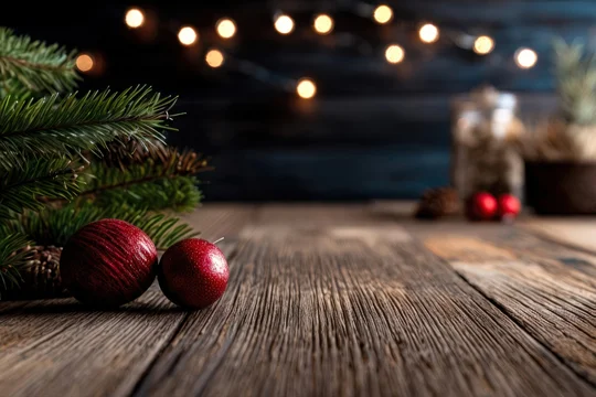 Warm Holiday Scene with Wooden Surface and Festive Decor