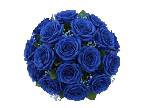A Round Bouquet of Vibrant Blue Roses Adorned with Tiny White Flowers and Dew Drops on a Transparent Background