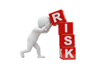 Risk Management Concept: A symbolic figure carefully balances red blocks, spelling out RISK, symbolizing the careful navigation of potential hazards and uncertainties. 