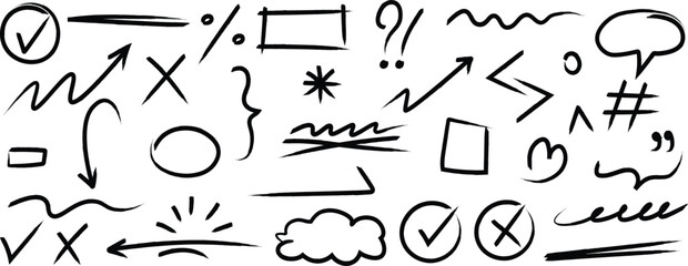 Brush Stroke Doodle Icons Pack – Check Marks, Arrows, Shapes and Sketch Elements on Transparent Background