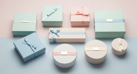 A collection of elegantly wrapped gift boxes in pastel shades of blue, pink, and mint green, arranged on a split-color background.