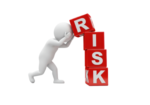 Risk Management Concept: A symbolic figure carefully balances red blocks, spelling out RISK, symbolizing the careful navigation of potential hazards and uncertainties. 