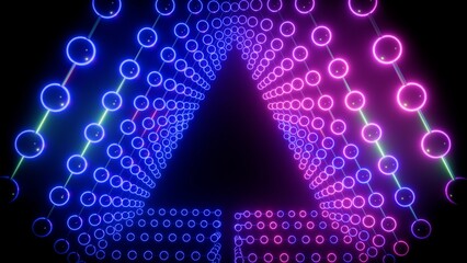 Futuristic Neon Blue and Purple Arrow Tunnel, Abstract Glowing Dotted Geometric Portal Background for Technology and Christmas.