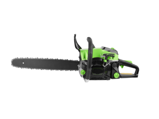 Green and Black Chainsaw: A close-up shot of a modern, eco-friendly chainsaw, showcasing its robust design and sharp cutting blade. This power tool represents industry.