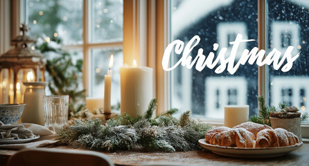 Warm Christmas pastries and candles glow on the table in cozy winter home ambiance and holiday cheer