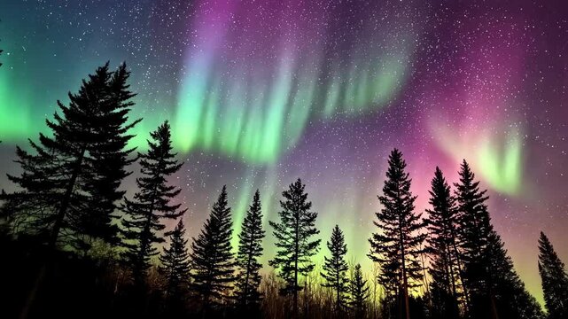 Northern Lights Symphony: Aurora Borealis Over Pine Forest