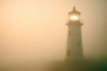 A foggy day with a lighthouse in the distance