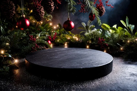 Elegant Holiday Podium Surrounded by Green Foliage and Lights