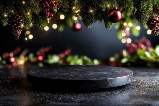 Black Christmas Platform with Evergreen Foliage and Red Ornaments