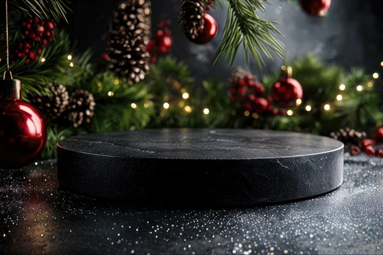 Dark Christmas Scene with Evergreen Branches and Red Decorations