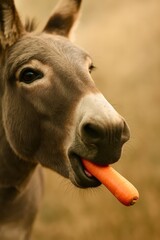 A donkey is eating a carrot