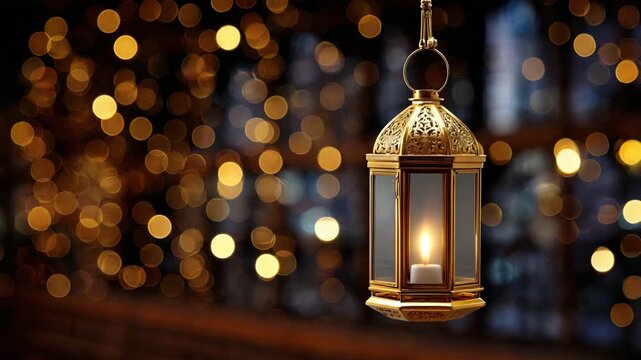 Ornate golden lantern with glowing candle flame suspended against a bokeh background of warm golden