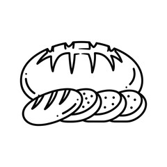 Black and white line art icon of a rustic loaf of bread with several sliced pieces, representing bakery and food