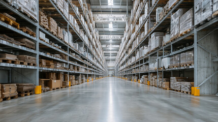 Fototapeta premium Spacious Warehouse Aisle with Shelves of Boxes