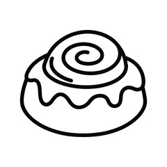 Simple black and white line art icon of a delicious cinnamon roll with icing, a sweet baked pastry, perfect for dessert menus