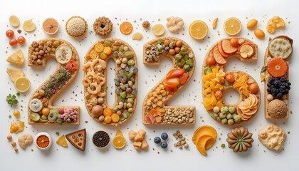 “Assorted 2026 Futuristic Food Items on White”. 2026 food